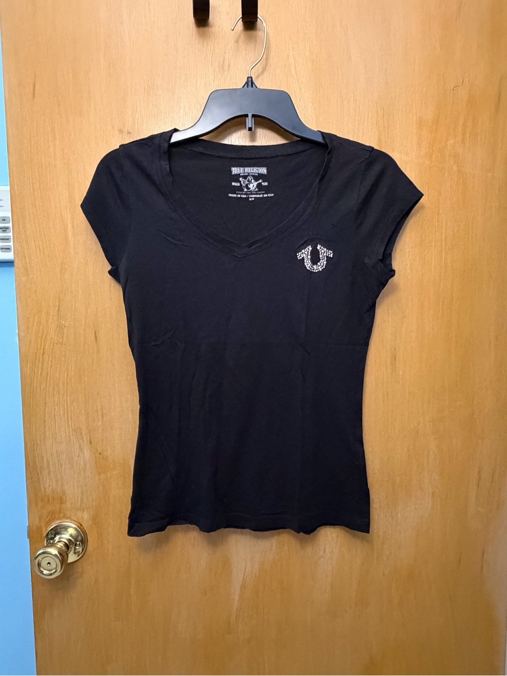 True Religion Black Short Sleeve V-Neck Tee with Rhinestone Logo